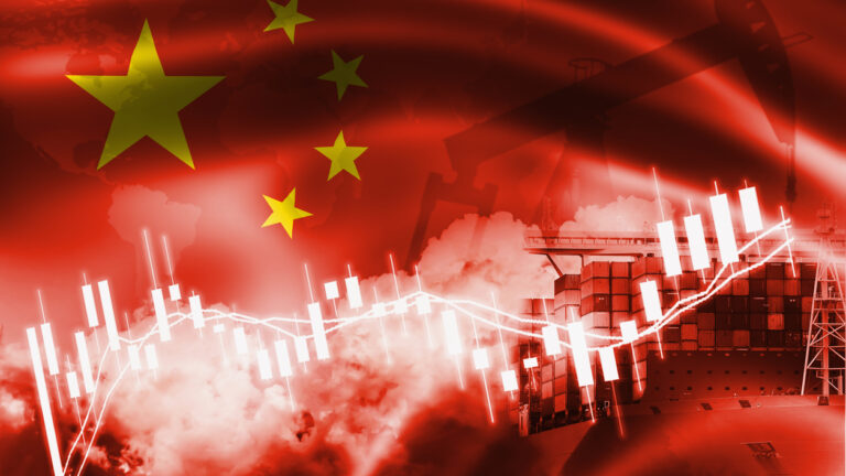 Peoples Republic of China flag, stock market, exchange economy and Trade, oil production, container ship in export and import business and logistics.