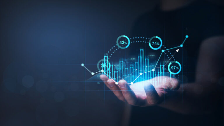 Business strategy and digital marketing concept. Businessman holding economic growth graph financial data.Stock market investment. Financial and banking Technology